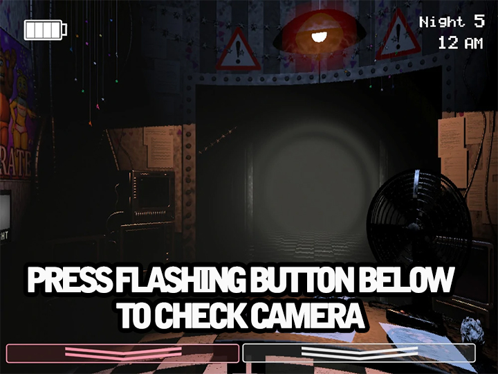 Five Nights at Freddy's slot machine bonus game message Press Flashing Button Below to Check Cameras