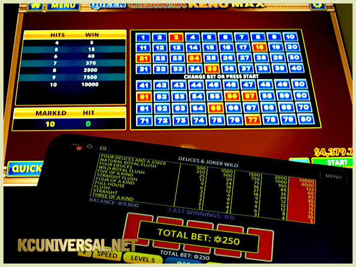 Image showing video keno being played on the iPad (2018) and video poker being played on a Samsung A14 Galaxy android smartphone, explaining the risks involved with gambling itself.