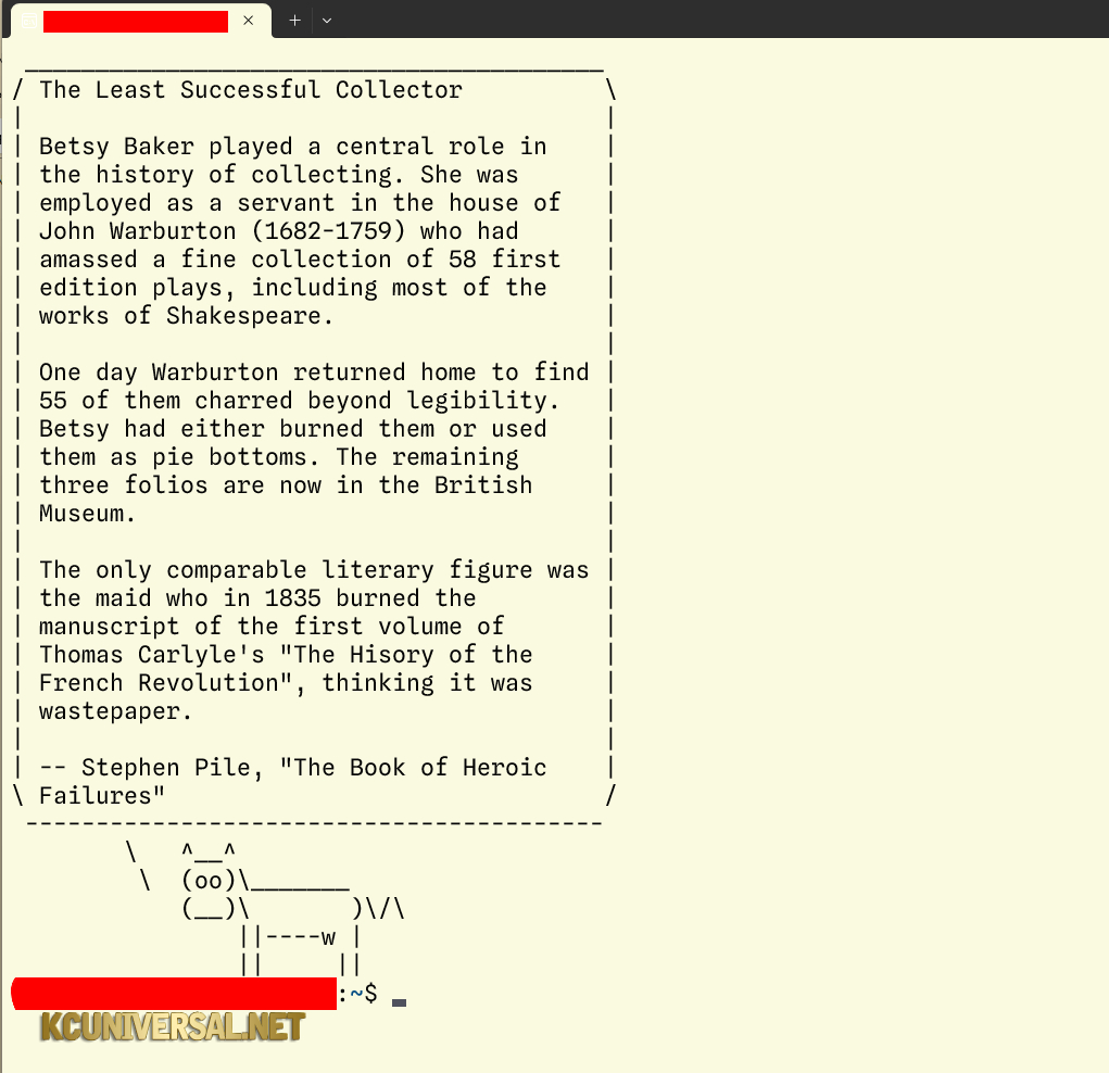 Food For the Saints blog post: On Collecting, featuring a screenshot from Kris Caballero's Linux terminal, via cowsay, showing and telling the story about Betsy Baker, who infamously burned and destroyed John Warburton's collection of Shakespeare.
