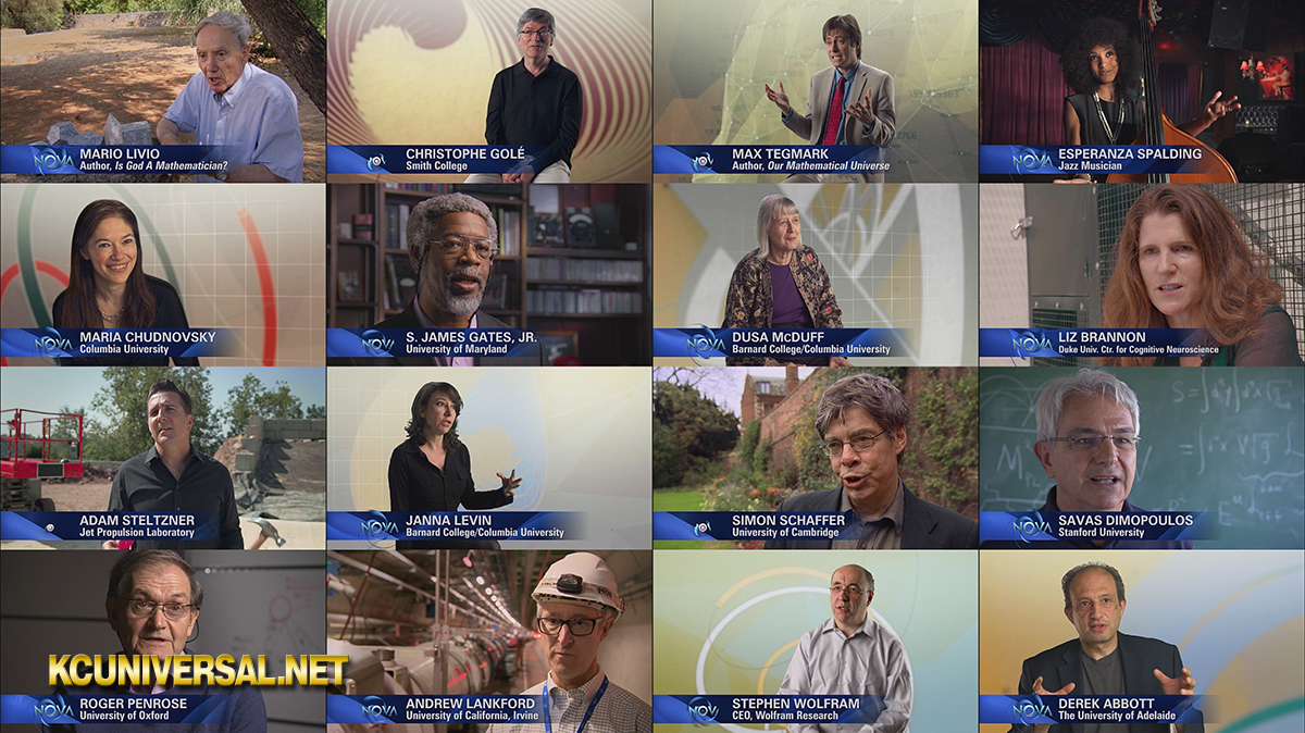 Collage of scientific experts featured and interviewed, from Mario Livio to Stephen Wolfram, in this 2015 documentary film by PBS NOVA 'The Great Math Mystery!' Featured are Mario Livio, Christophe Gole, Max Tegmark, Esperanza Spalding, Maria Chudnovsky, S. James Gates Jr, Dusa McDuff, Liz Brannon, Adam Steltzner, Janna Levin, Simon Schaffer, Savas Dimopoulos, Roger Penrose, Andrew Lankford, Stephen Wolfram, and Derek Abbott