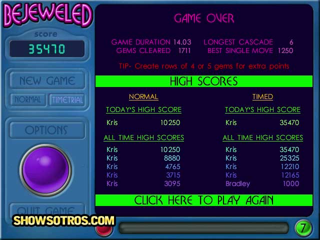 My highest scores on the original Bejeweled.