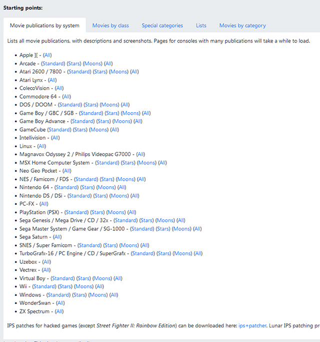 Screenshot of a page listing all the consoles played and done featured on TASVideos.